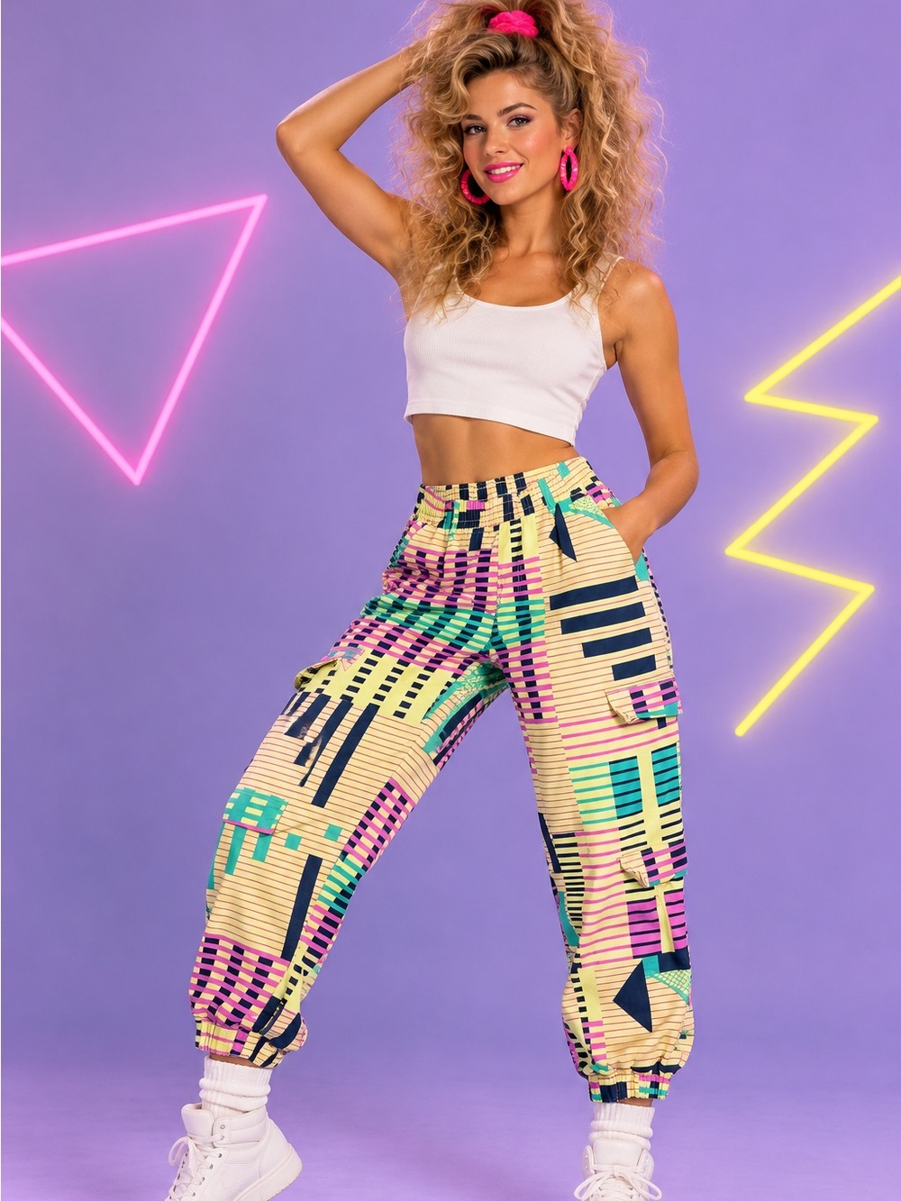 V.I.P. Neon Geometric Abstract Cargo Jogger Pants Vintage Size 13/31‎